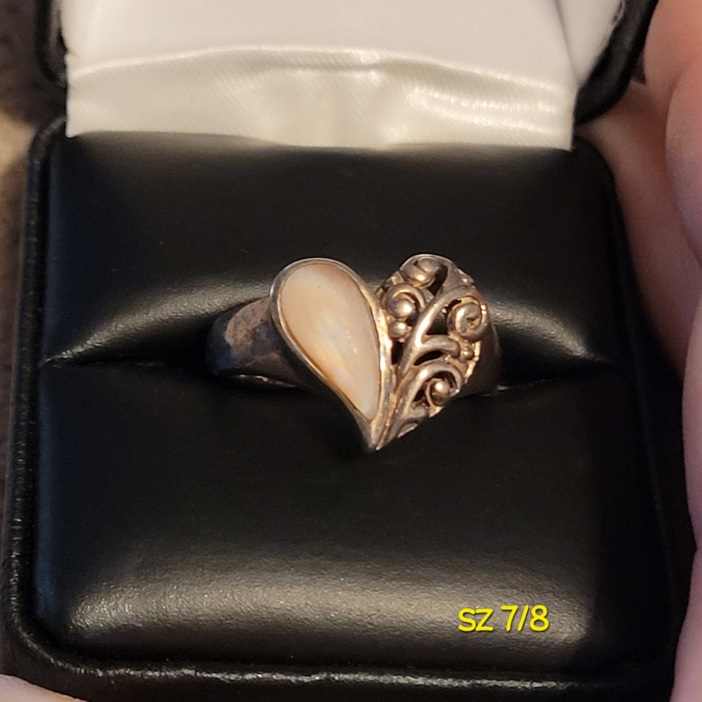 Vintage sterling silver white opal heart ring